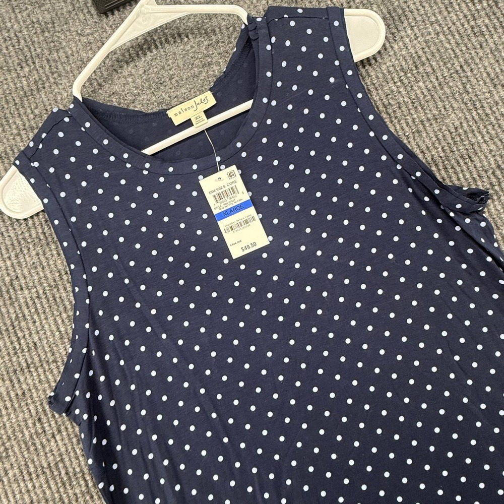 Maison Jules Dress Womens XL Navy Blue NWT Polka Dot Ruffle Hem Sleeveless